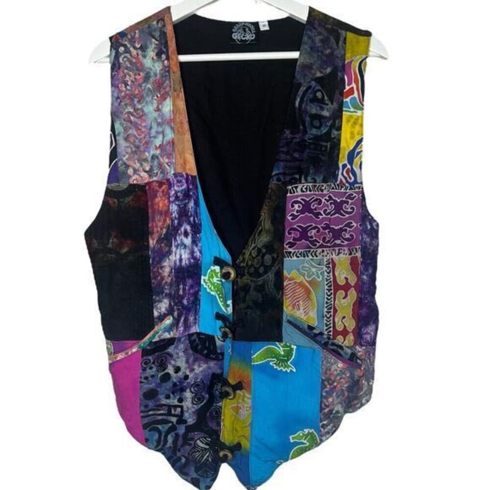 1980S-90S VIBRANT PATCHWORK RAYON VEST METAL‎ COIN BUTTONS Size Medium